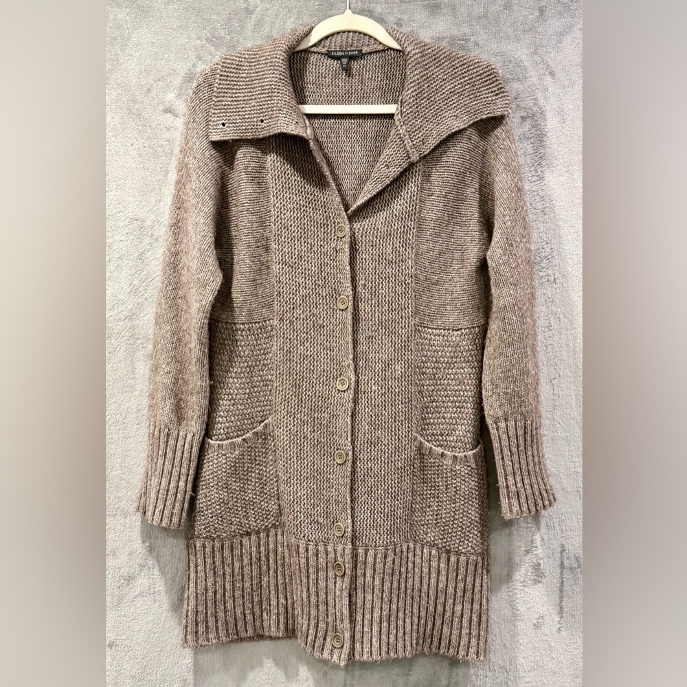 Eileen Fisher Long Cardigan Sweater Cotton Alpaca Merino Wool Blend Size XS Cozy